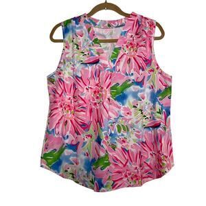 Womens Large Sleeveless Floral Blouse Tropical Light Weight Resort Wear Preppy